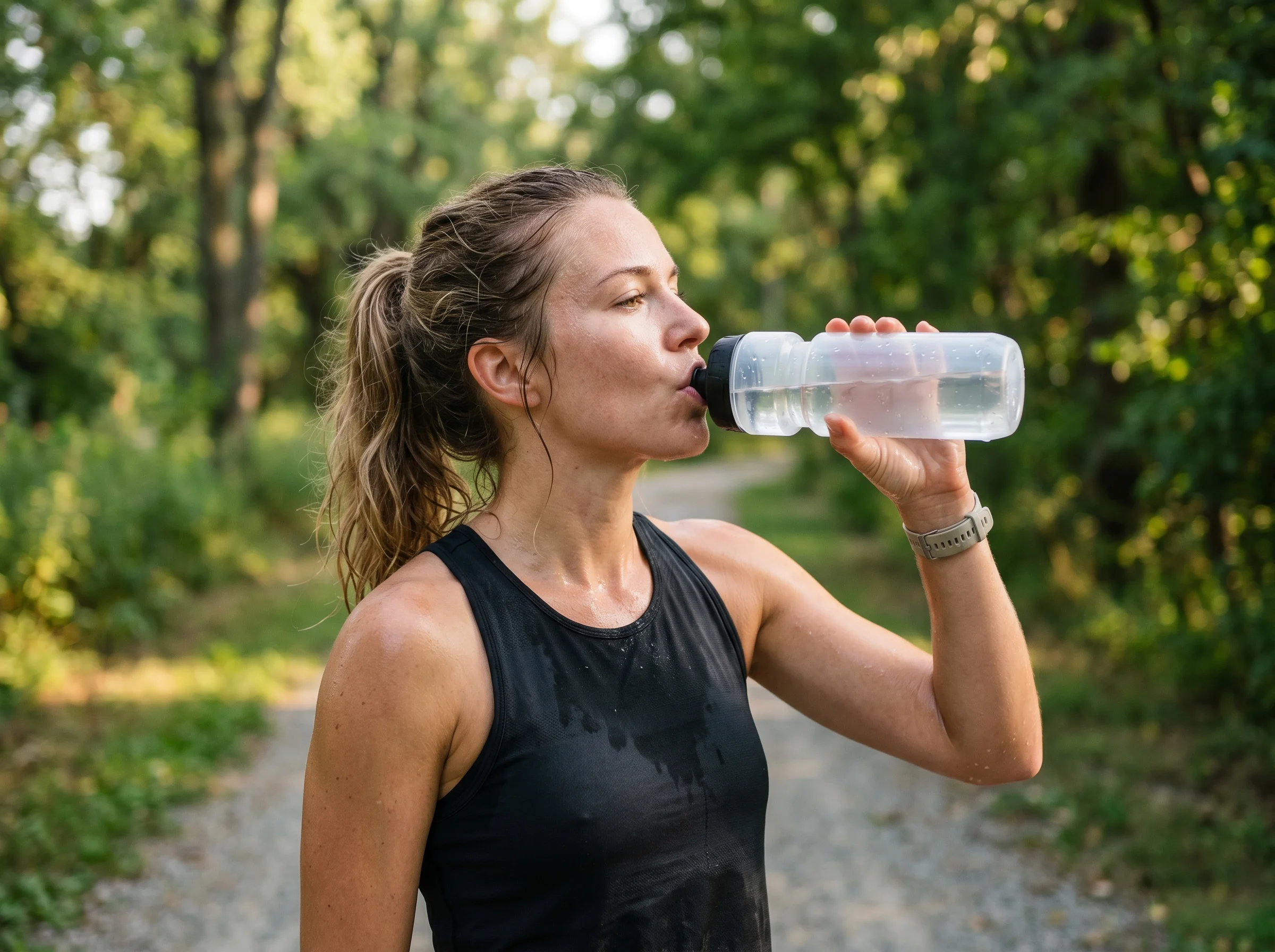 deportista bebiendo agua para prevenir espasmos musculares