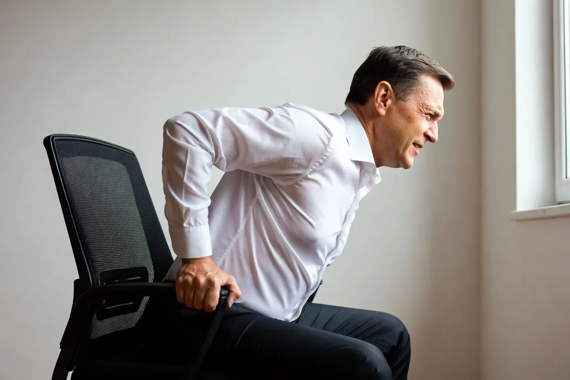 hombre con dolor en el psoas levantándose de la silla oficina