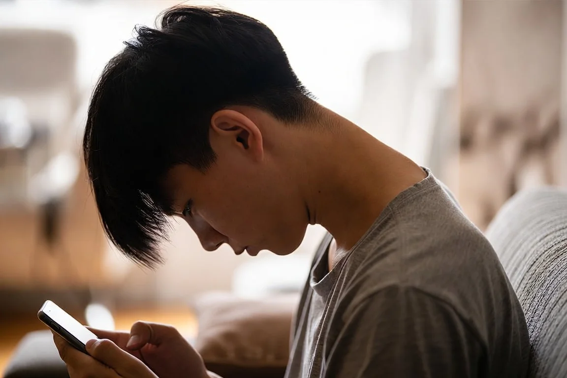 hombre con cuello inclinado mirando el movil text neck