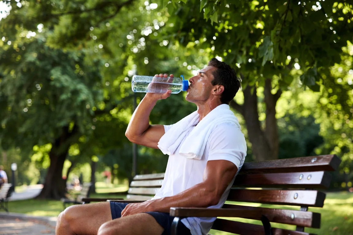 hombre bebiendo agua hidratacion prevencion fatiga muscular