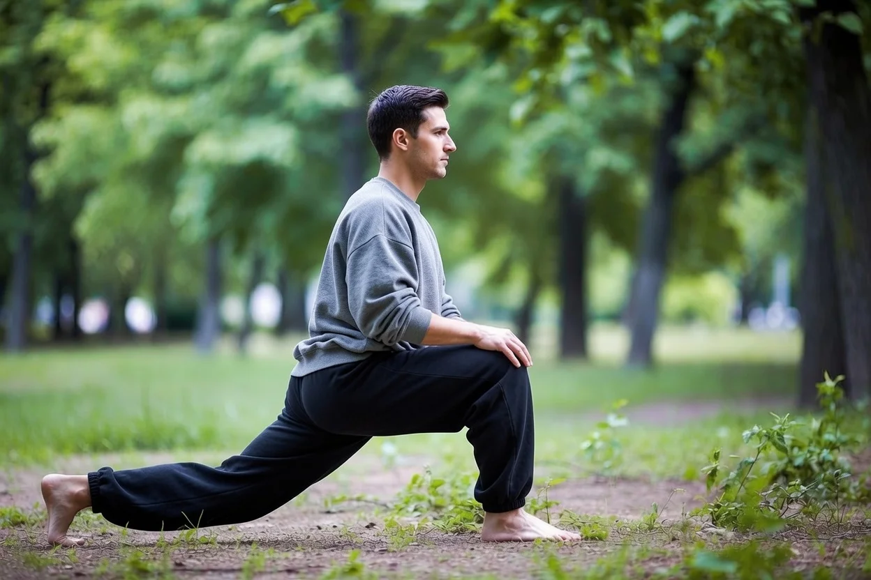 hombre haciendo estiramiento aductor en el parque