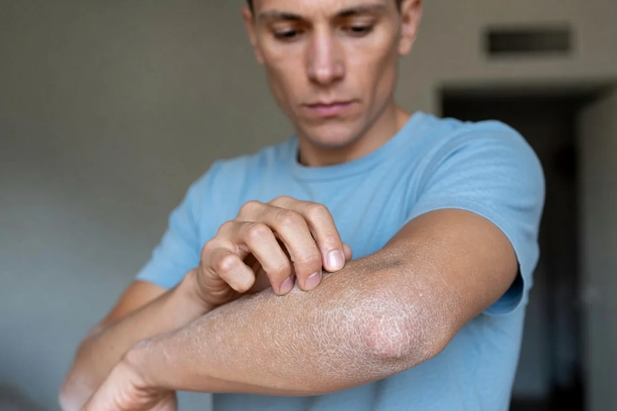 manchas escamosas causas hombre rascándose antebrazo seco