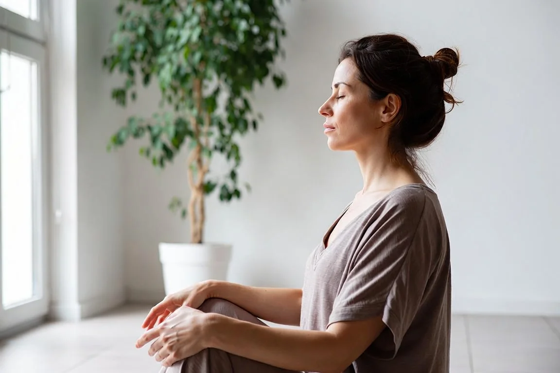 mujer practicando respiracion para reducir el estres y manchas